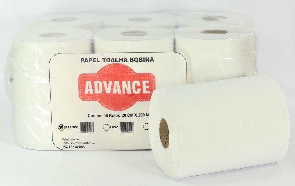 PAPEL TOALHA BOBINA BRANCO 20CM X 200MTS ADVANCE C/6 ROLOS